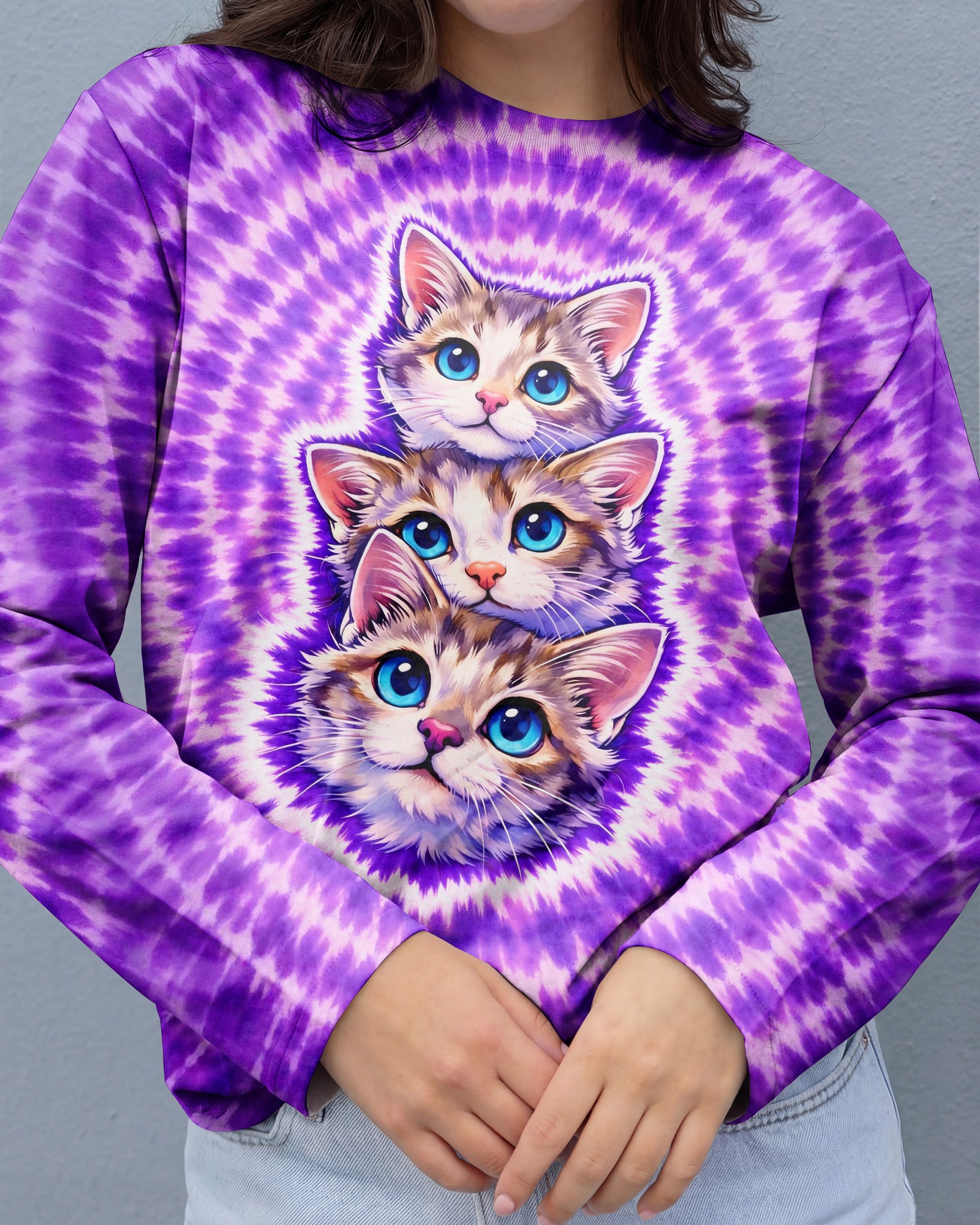 THREE CAT FACE PURPLE SWIRL ALL OVER PRINT - TLHG1703263