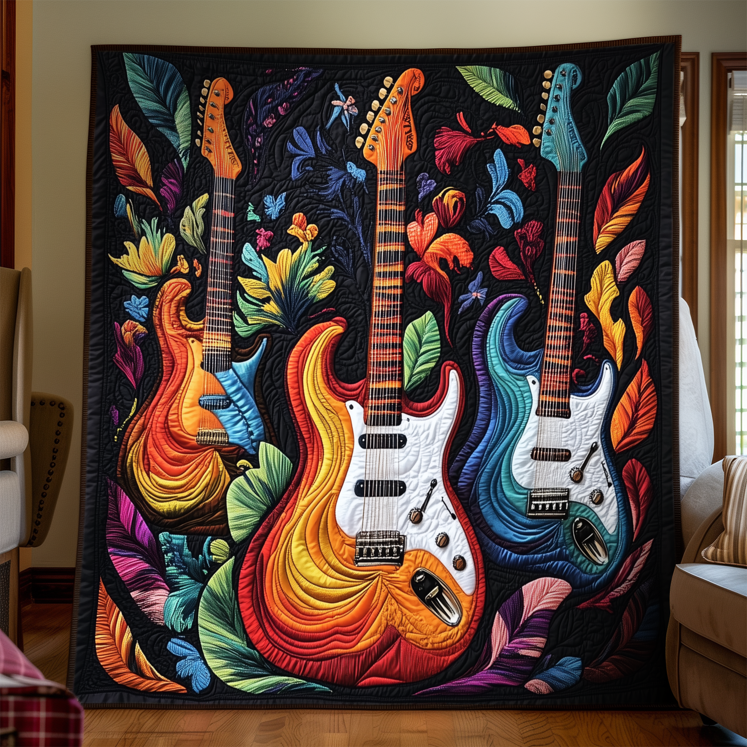 Guitar Feather Quilted Blanket UGDRSTL079