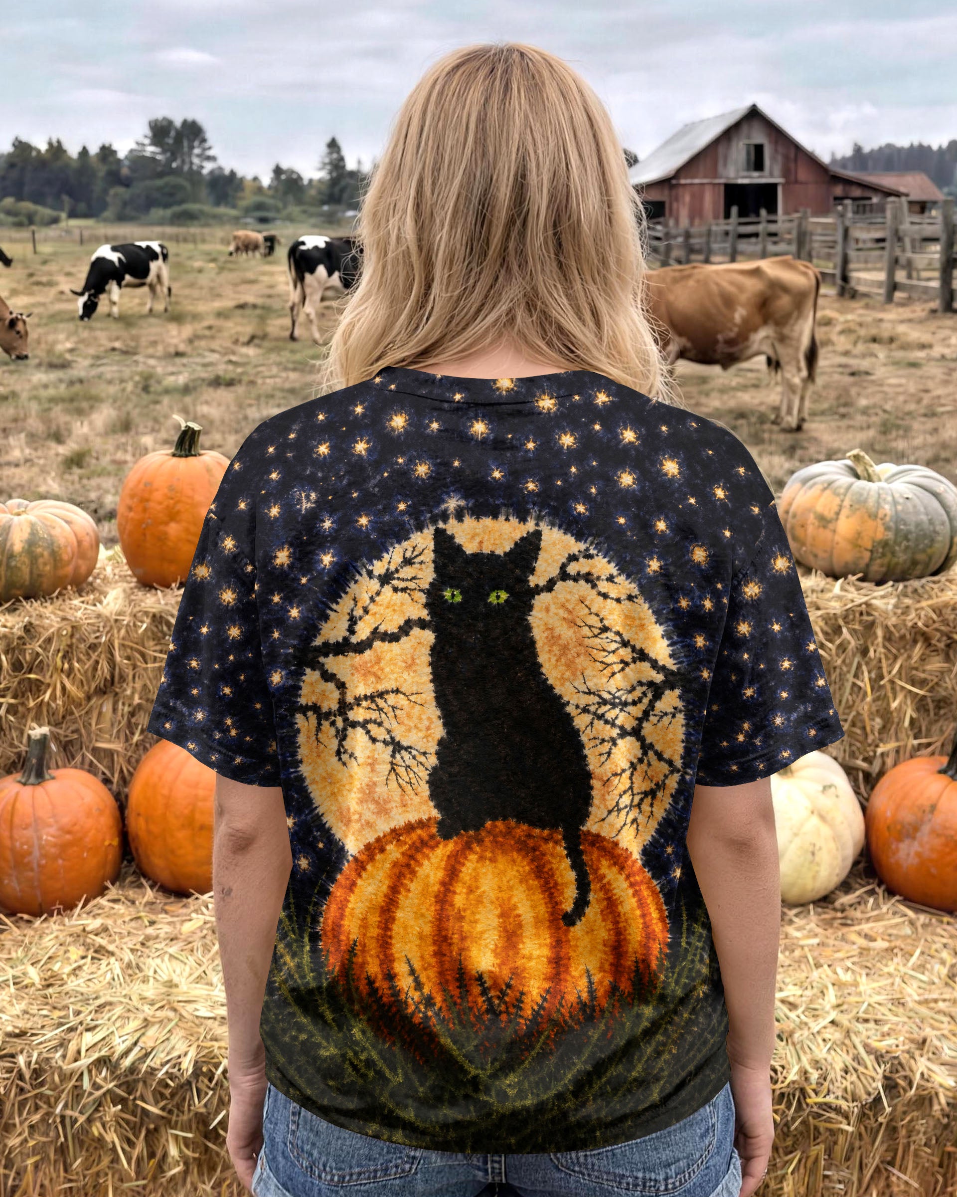 BLACK CAT ON PUMPKIN FULL MOON HALLOWEEN ALL OVER PRINT  - TLNT2407262
