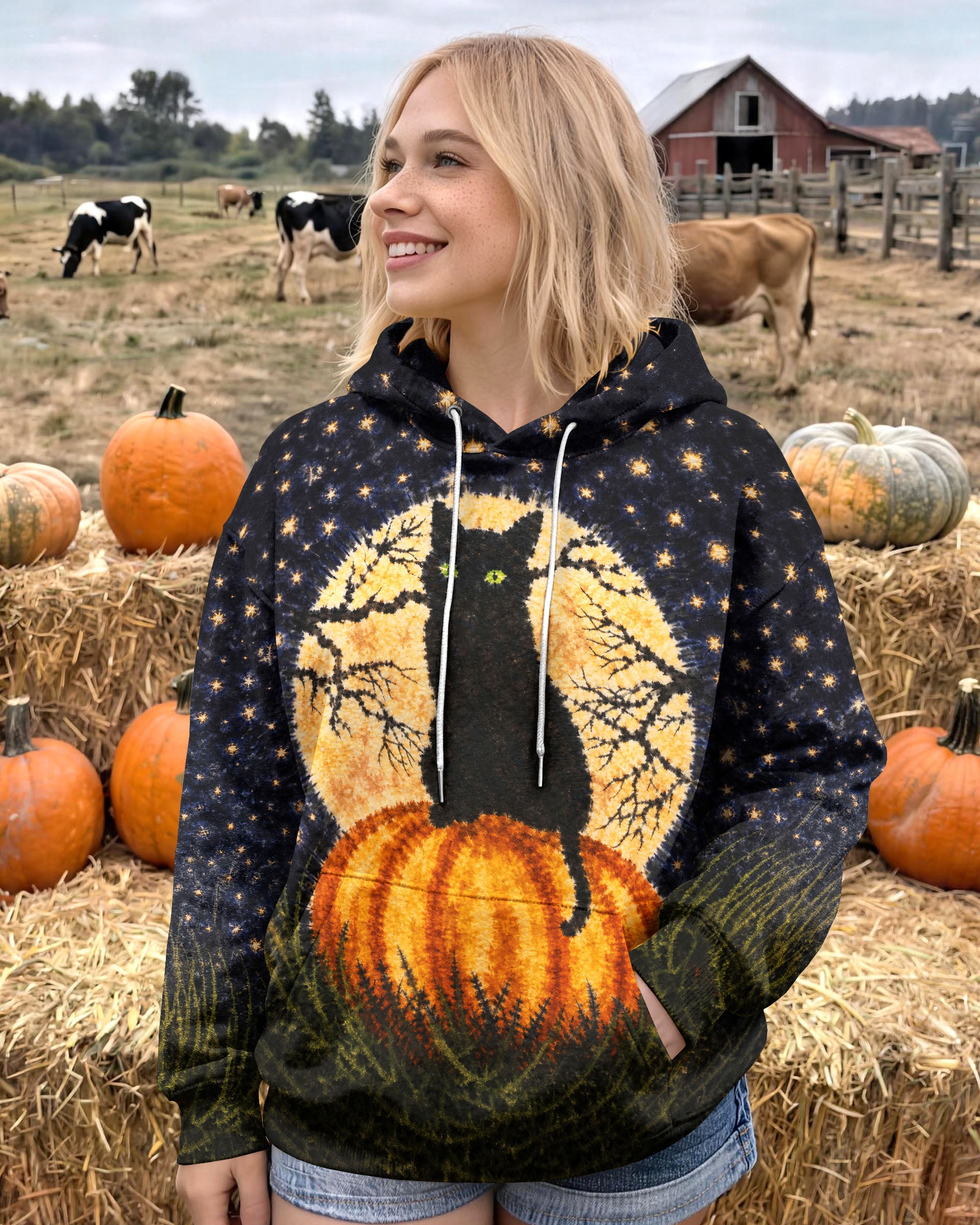 BLACK CAT ON PUMPKIN FULL MOON HALLOWEEN ALL OVER PRINT  - TLNT2407262