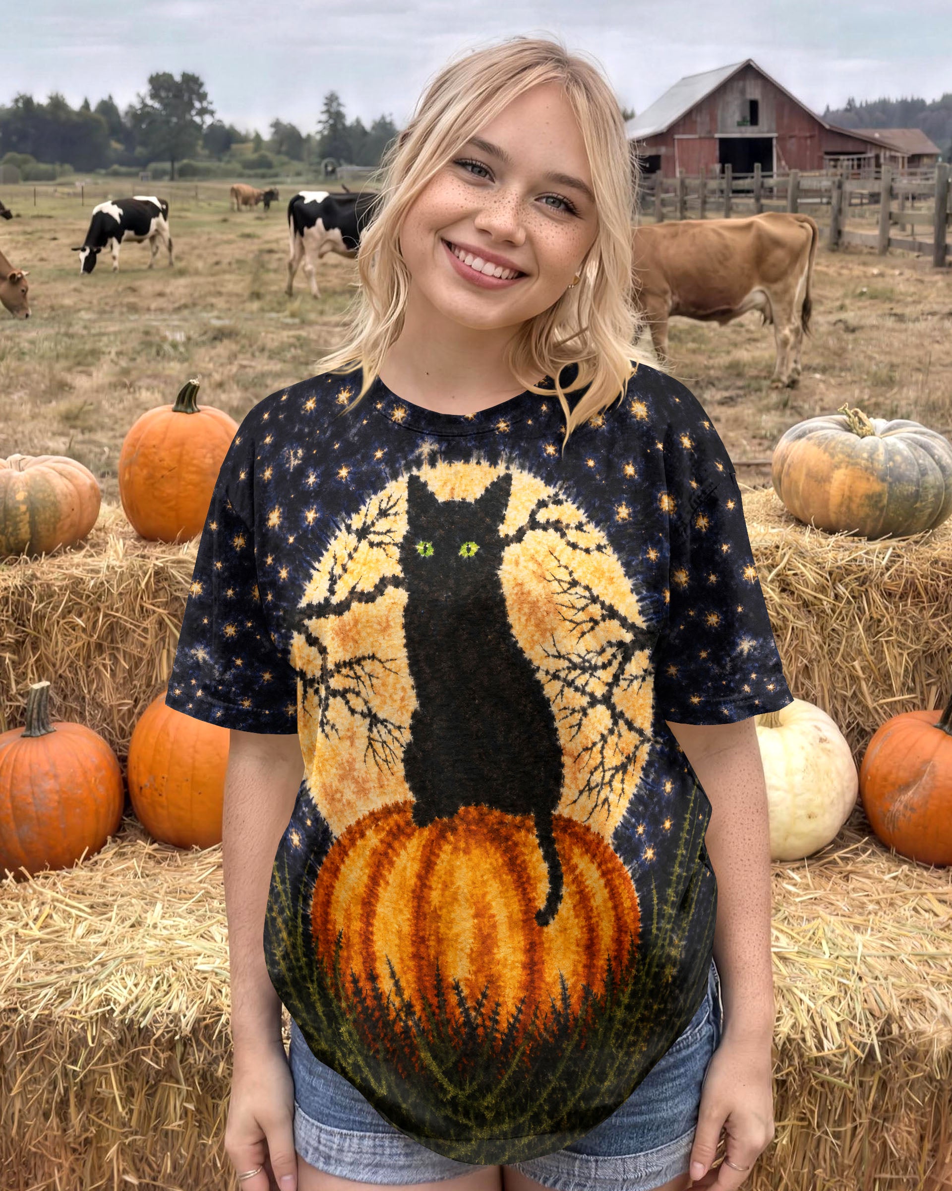 BLACK CAT ON PUMPKIN FULL MOON HALLOWEEN ALL OVER PRINT  - TLNT2407262