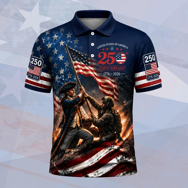 Veteran USA 250th Anniversary Polo Shirt - 3D Print Patriot Soldier American Flag Polo - Detail View