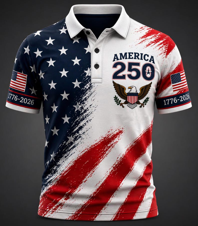 America 250 Polo Shirt, Patriotic Eagle Crest, USA Anniversary Tee,4th of July Polo, Red White Blue Golf Shirt, Independence Day Outfit