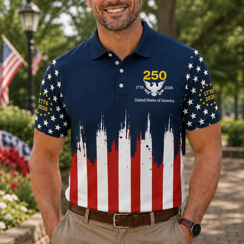 America 250 Polo Shirt for Men - Freedom 1776-2026 Vintage Patriotic Button Up - Detail View