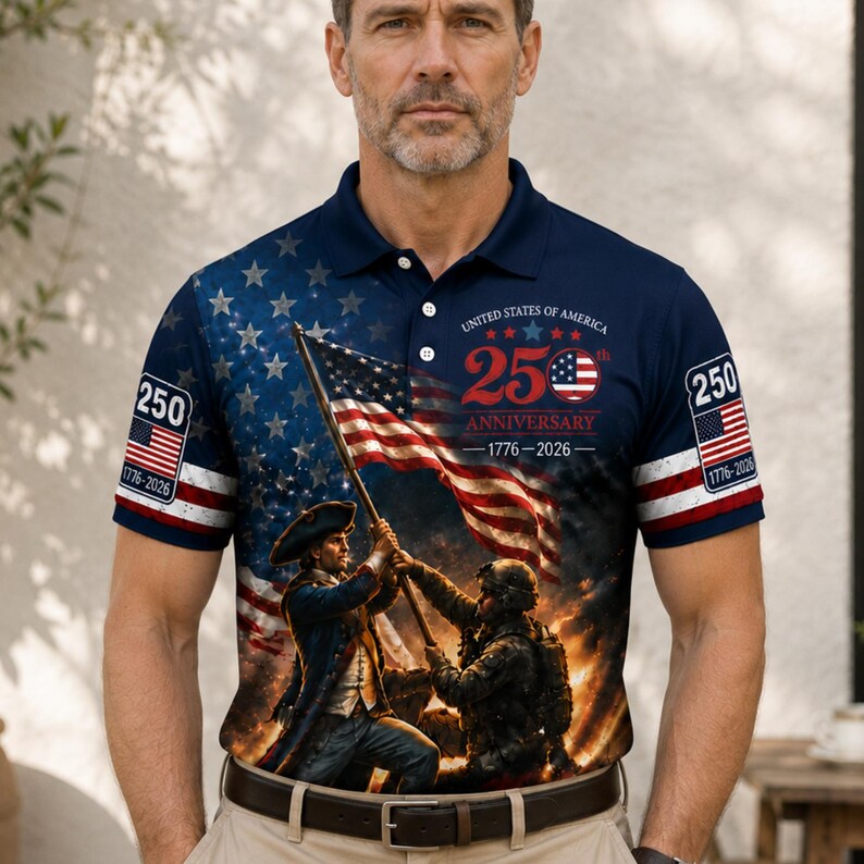 Veteran USA 250th Anniversary Polo Shirt for Men, 3D Print Patriot Soldier American Flag Polo, 1776-2026 4th of July 2026 Military Gift