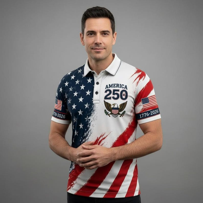 America 250 Polo Shirt, Patriotic Eagle Crest, USA Anniversary Tee,4th of July Polo, Red White Blue Golf Shirt, Independence Day Outfit
