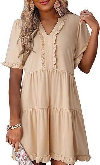 🔥🌈2026 Summer Hot Sale 60% OFF🌈Women's V Neck Ruffle Casual A-Line Flowy Swing Shift Dress