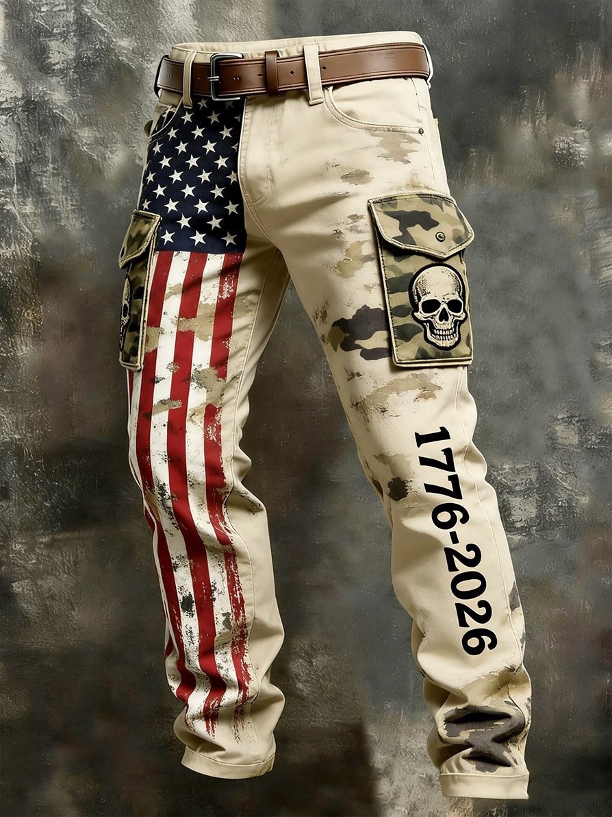 Retro Distressed USA Flag Camo Streetwear Cargo Pants
