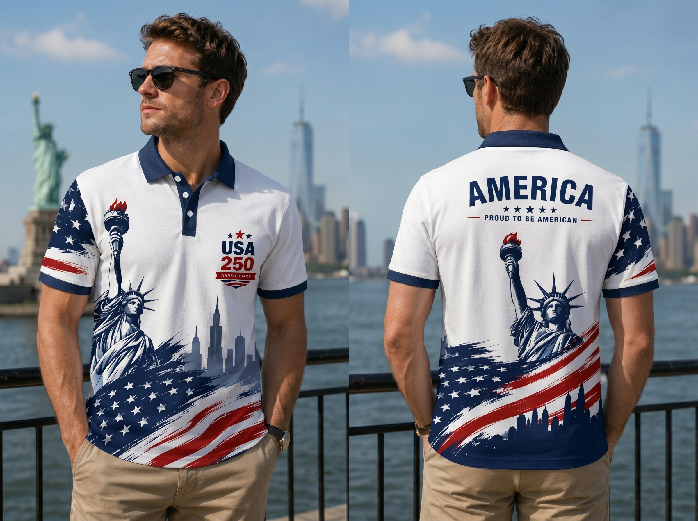 USA 250 Anniversary Polo Shirt, Personalized Patriotic Polo, Statue of Liberty Shirt, America 250 Custom Name Polo, Independence Day Team