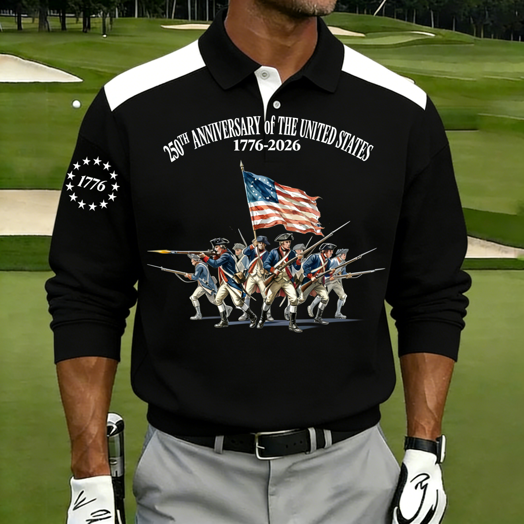 Men's 250th Anniversary US Revolutionary Soldier Polo Shirt | Patriotic Short Sleeve Golf Tee
