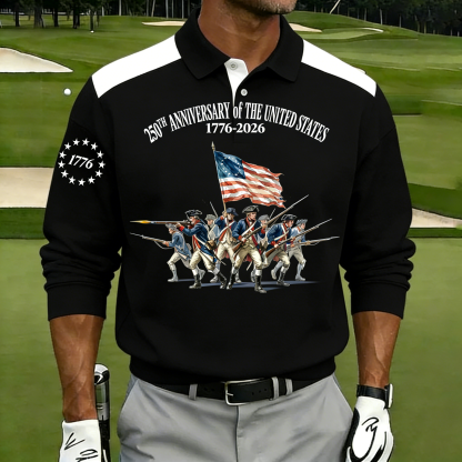Men's 250th Anniversary US Revolutionary Soldier Polo Shirt | Patriotic Short Sleeve Golf Tee