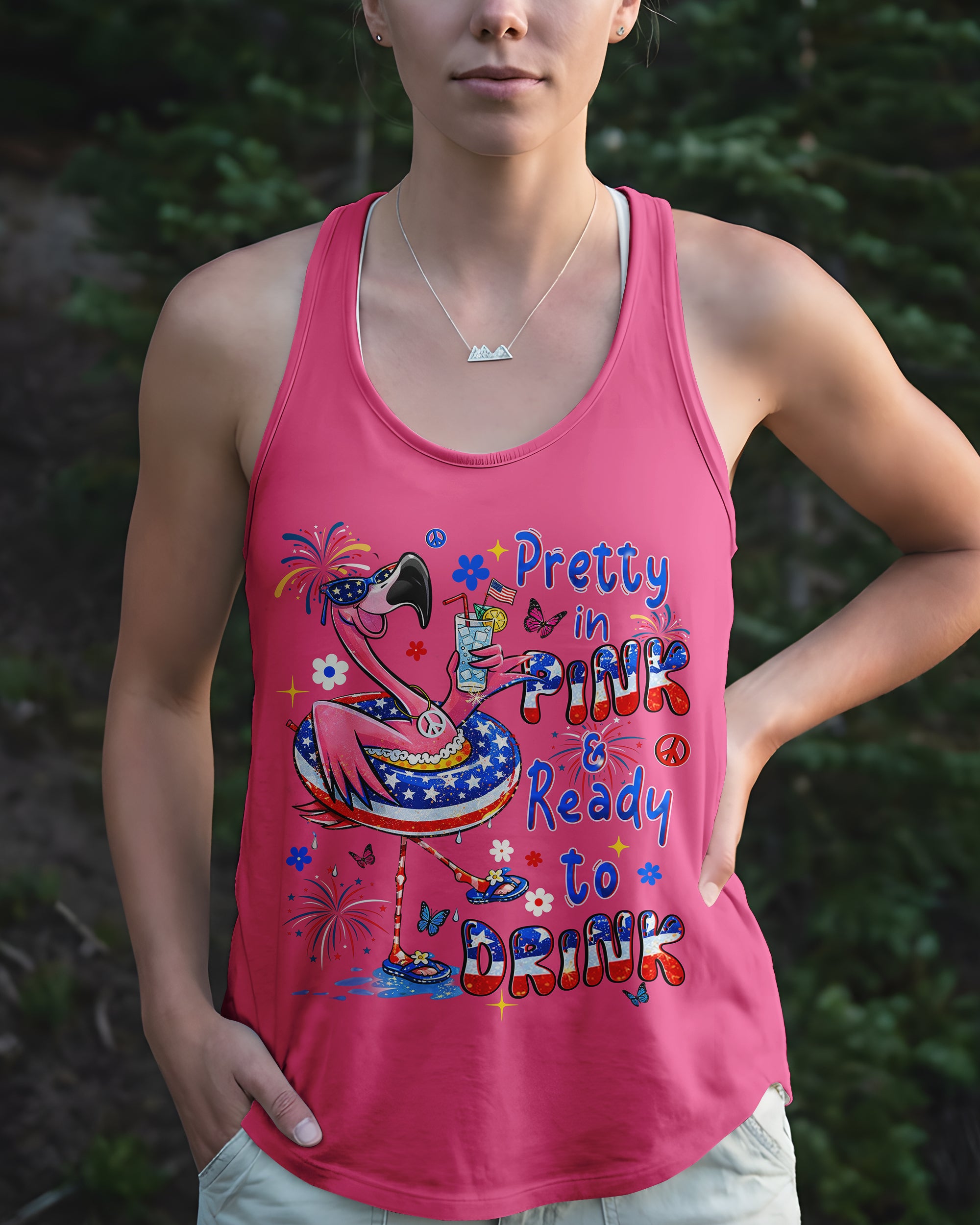 PRETTY IN PINK FLAMINGO RED WHITE & BLUE ALL OVER PRINT  - TLHN2503263