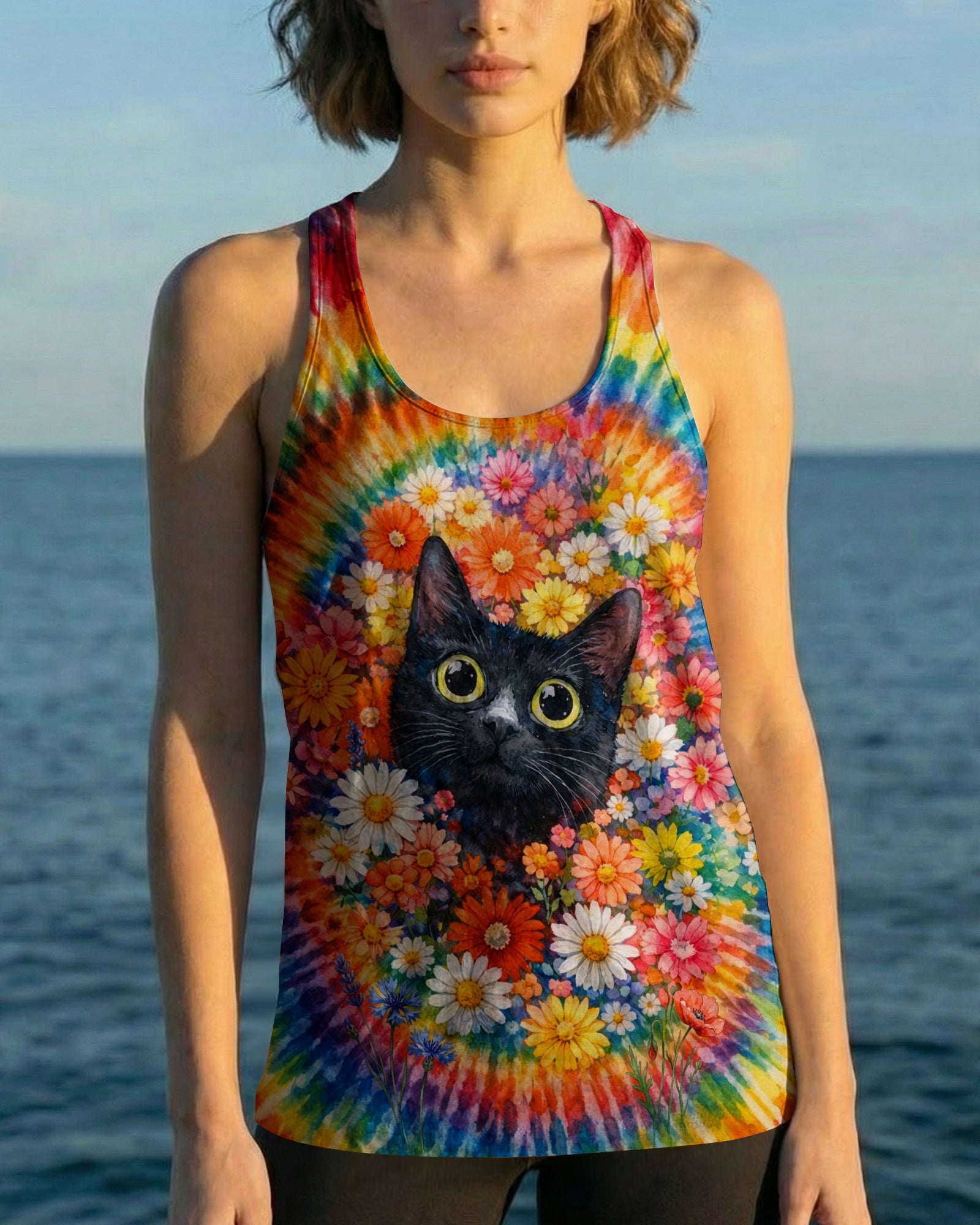BLACK CAT WITH FLORAL SWIRL ALL OVER PRINT - TLHN0403262