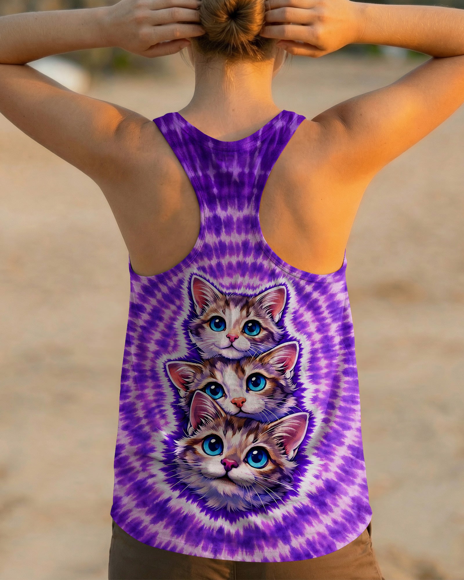 THREE CAT FACE PURPLE SWIRL ALL OVER PRINT - TLHG1703263