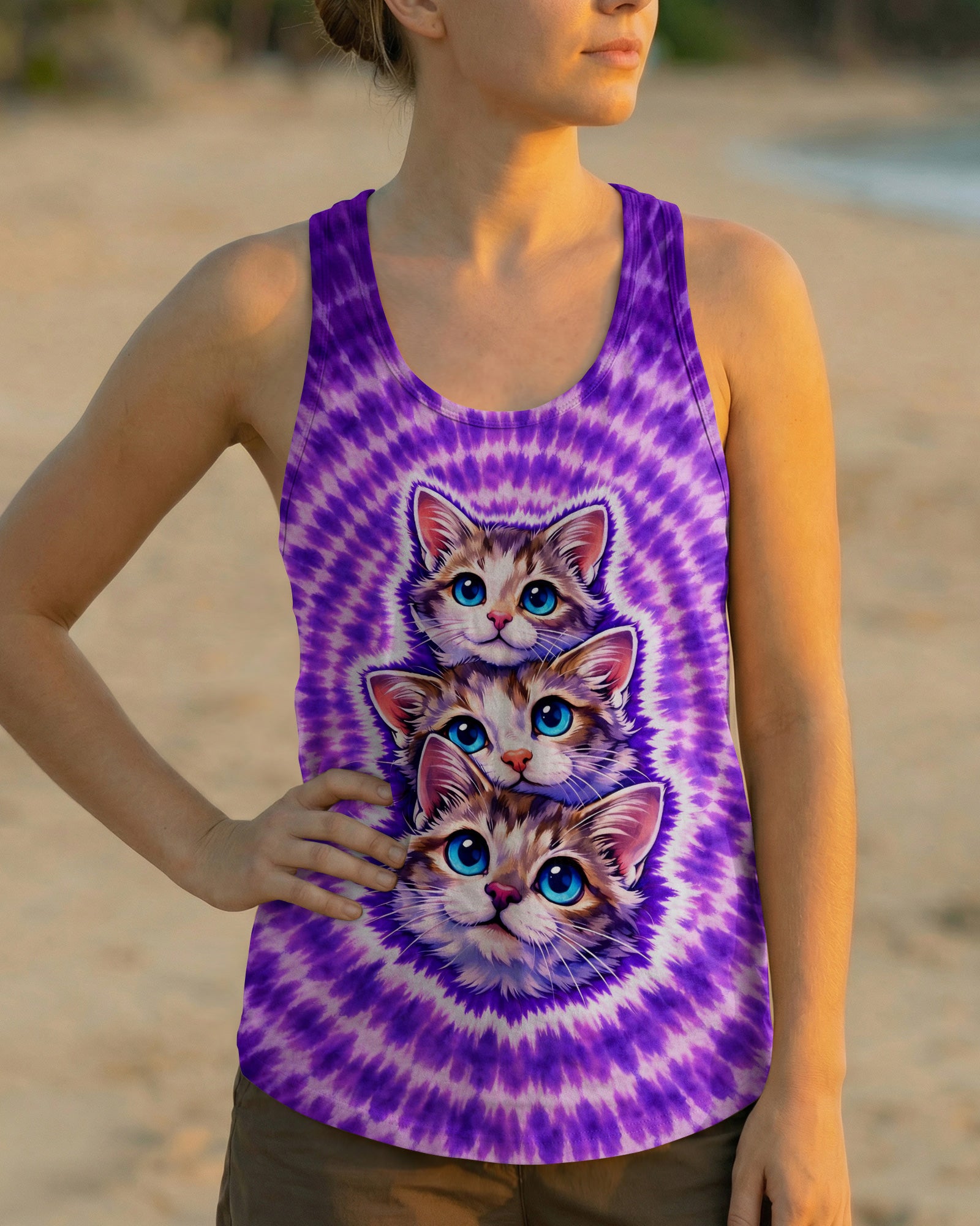 THREE CAT FACE PURPLE SWIRL ALL OVER PRINT - TLHG1703263