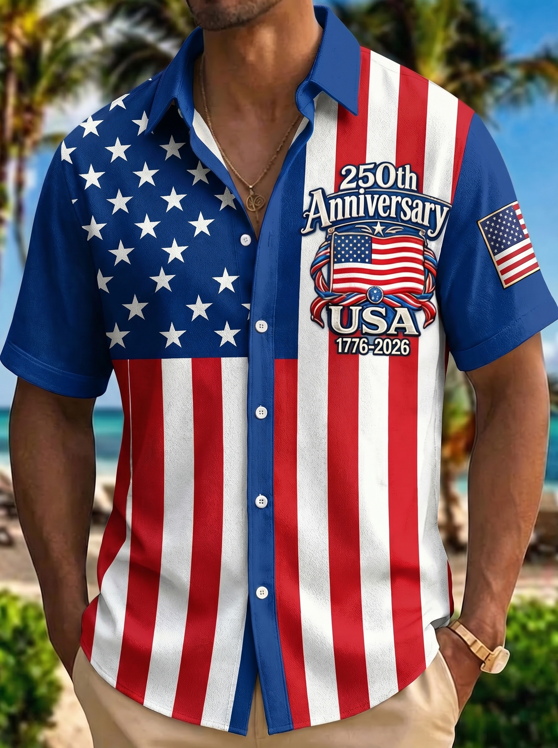 [Copy]Men's Drip Paint American Flag Artistic Button-Up Shirt | Patriotic Art Hawaii Short Sleeve
