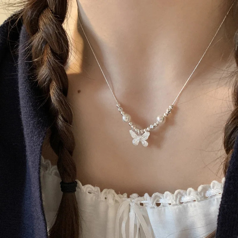 925 Sterling Silver Pearly Butterfly Necklace