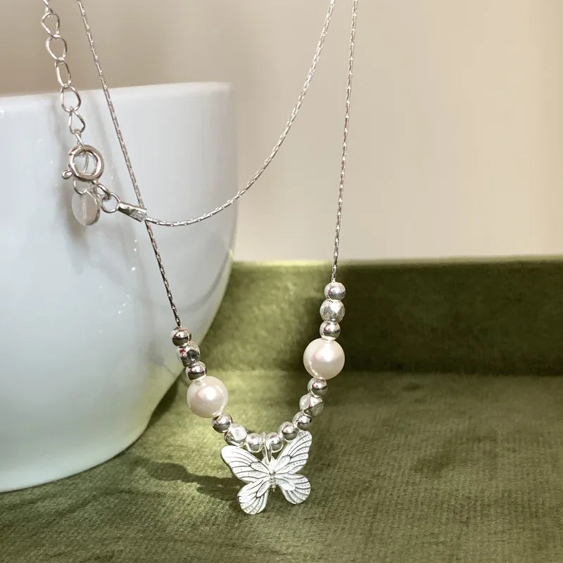 925 Sterling Silver Pearly Butterfly Necklace