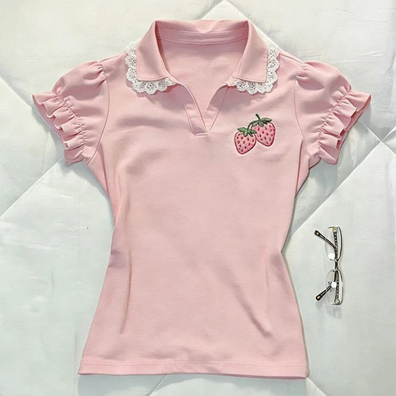 Strawberry Lace Collar Polo Womne's Top