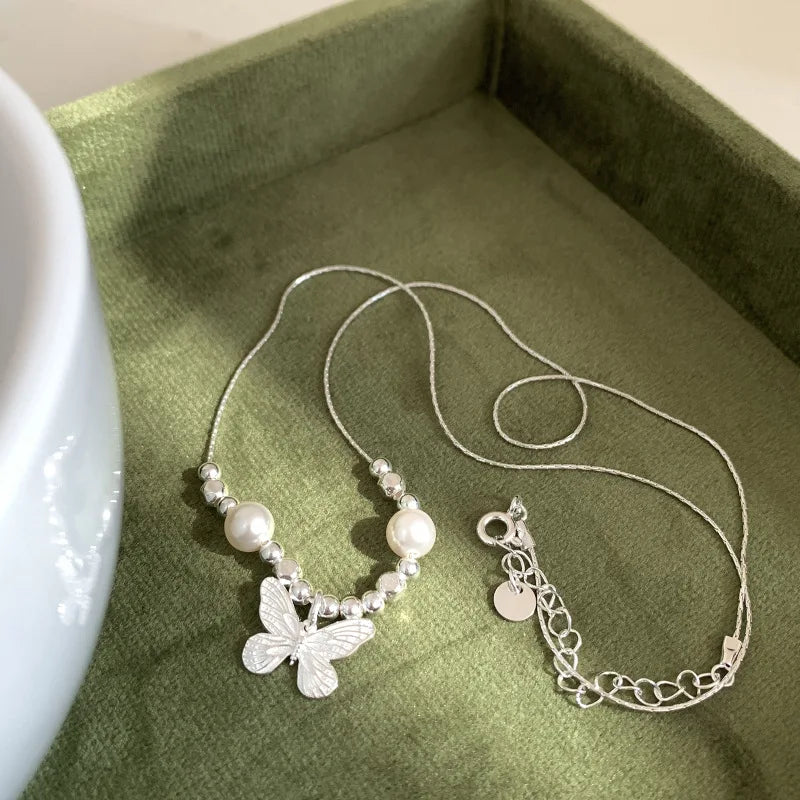 925 Sterling Silver Pearly Butterfly Necklace