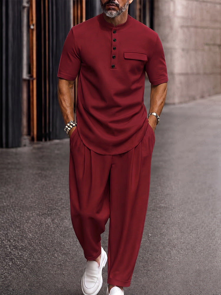 Men's Urban Casual Matching Set - Wine Red Detail