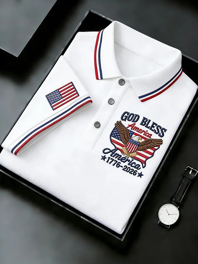 Men's God Bless America 250th Anniversary Polo Shirt | Embroidered USA Flag Golf Performance Tee