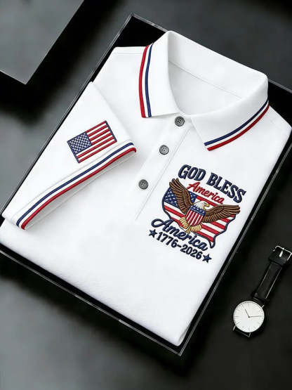 Men's God Bless America 250th Anniversary Polo Shirt | Embroidered USA Flag Golf Performance Tee