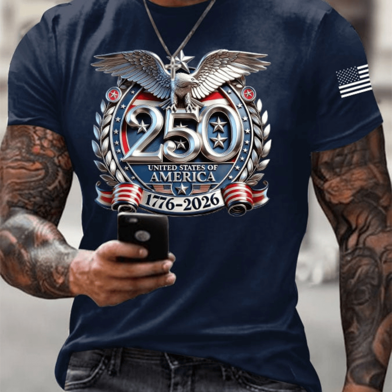 Men's USA 250th Anniversary Patriotic T-Shirt | Embroidered Bald Eagle American Flag Short Sleeve Tee