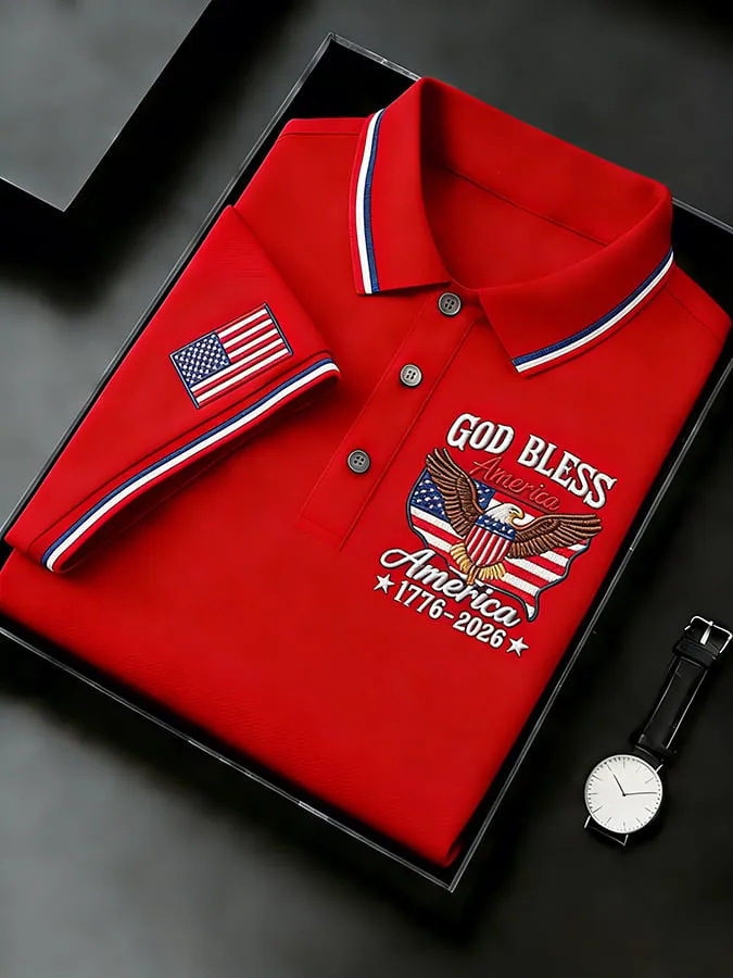 Men's God Bless America 250th Anniversary Polo Shirt | Embroidered USA Flag Golf Performance Tee
