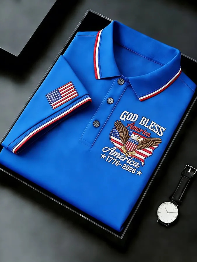 Men's God Bless America 250th Anniversary Polo Shirt | Embroidered USA Flag Golf Performance Tee