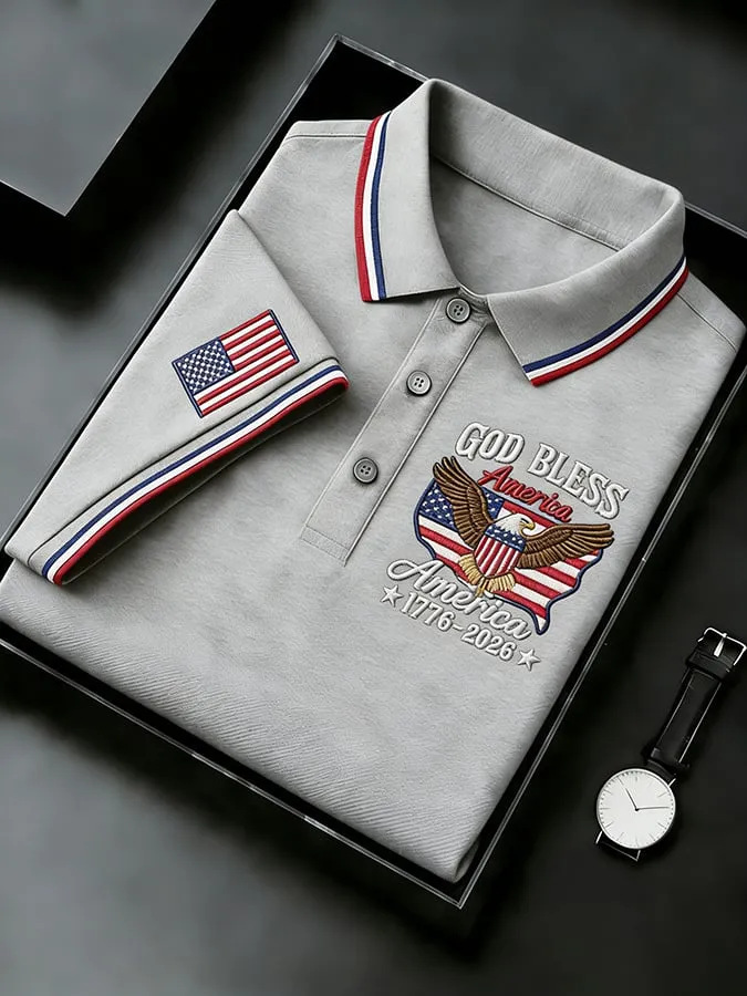 Men's God Bless America 250th Anniversary Polo Shirt | Embroidered USA Flag Golf Performance Tee