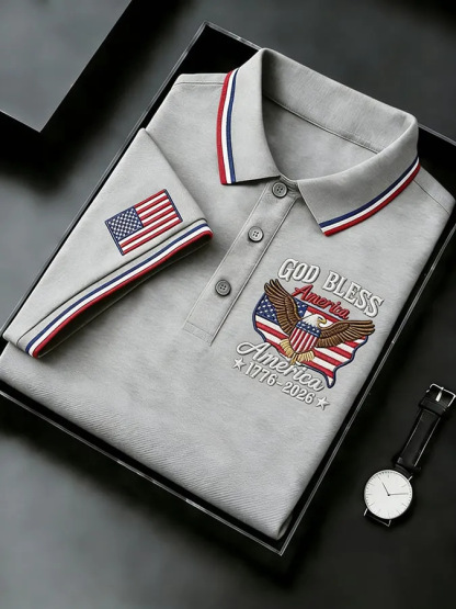 Men's God Bless America 250th Anniversary Polo Shirt | Embroidered USA Flag Golf Performance Tee