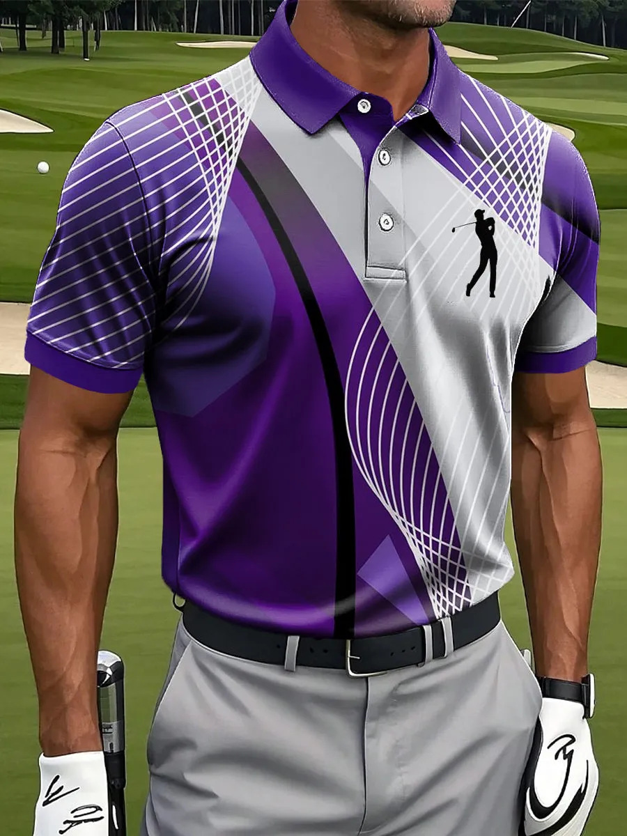 Men's Geometric Golf Polo Shirt | Moisture Wicking Performance Golf Apparel with Golfer Silhouette