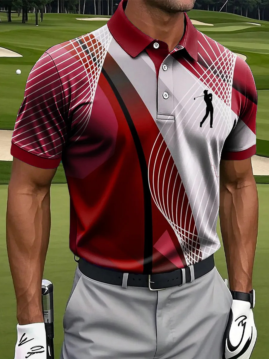 Men's Geometric Golf Polo Shirt | Moisture Wicking Performance Golf Apparel with Golfer Silhouette