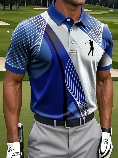 Men's Geometric Golf Polo Shirt | Moisture Wicking Performance Golf Apparel with Golfer Silhouette