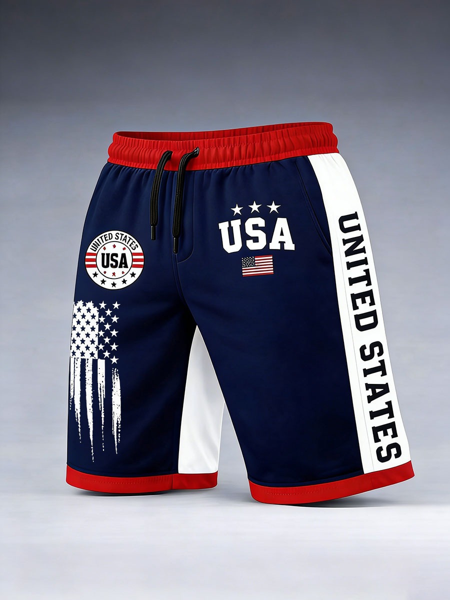 4th of July Independence Day Eagle Print Elastic Waist Knee Length Shorts
