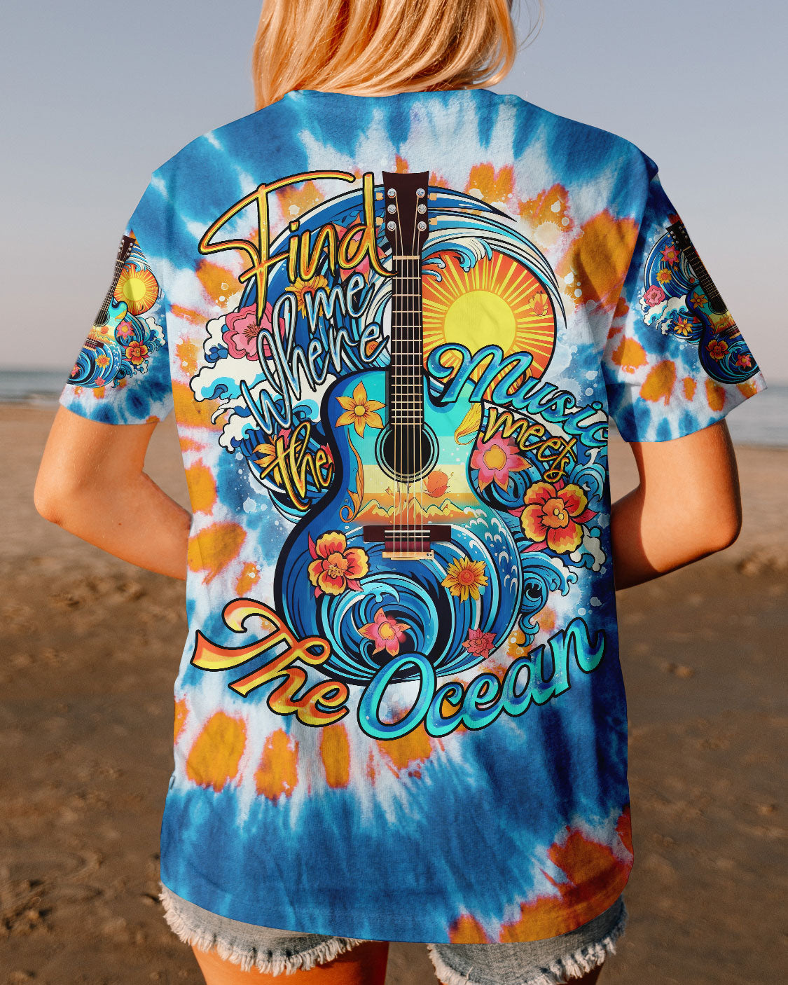 FIND ME WHERE THE MUSIC MEETS THE OCEAN GUITAR TIE DYE ALL OVER PRINT - TLNO2306231