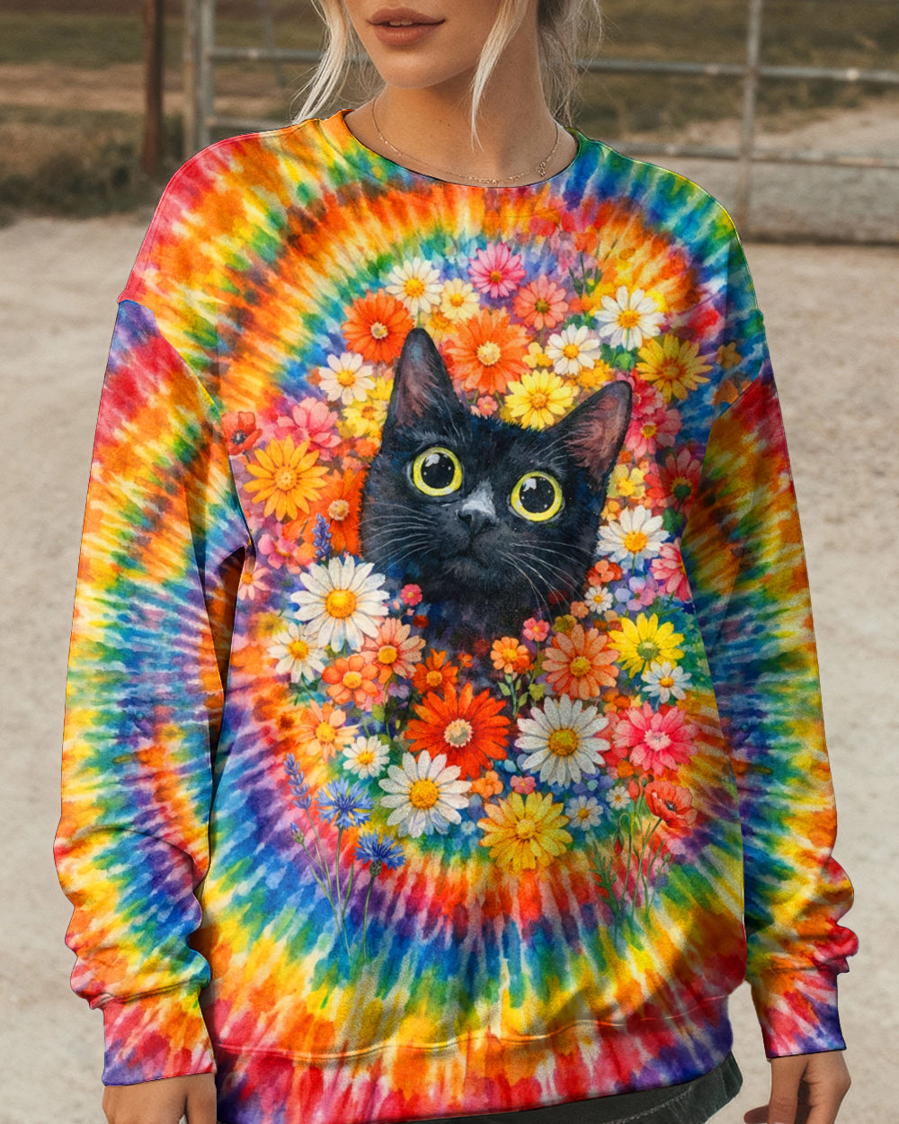 BLACK CAT WITH FLORAL SWIRL ALL OVER PRINT - TLHN0403262
