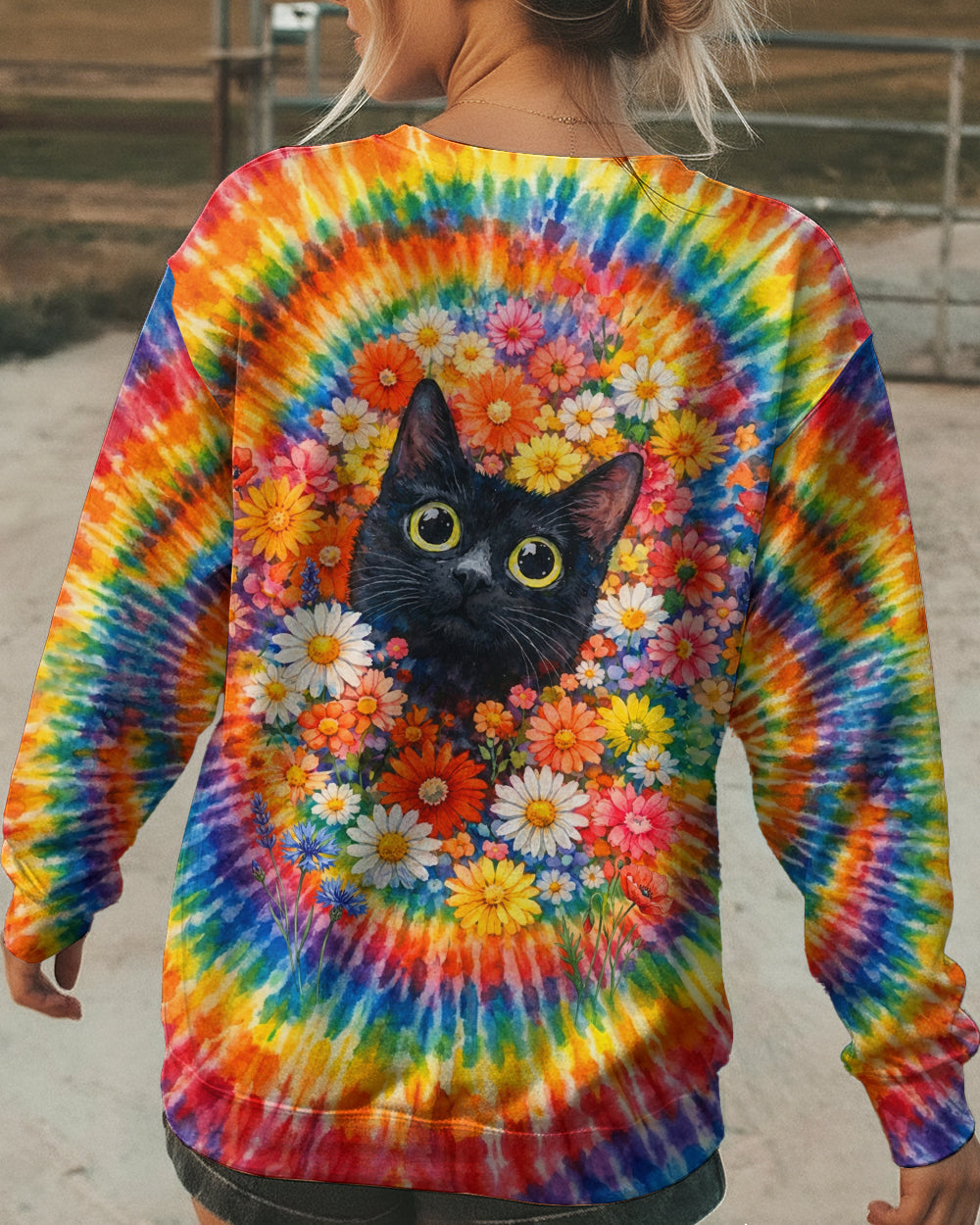 BLACK CAT WITH FLORAL SWIRL ALL OVER PRINT - TLHN0403262