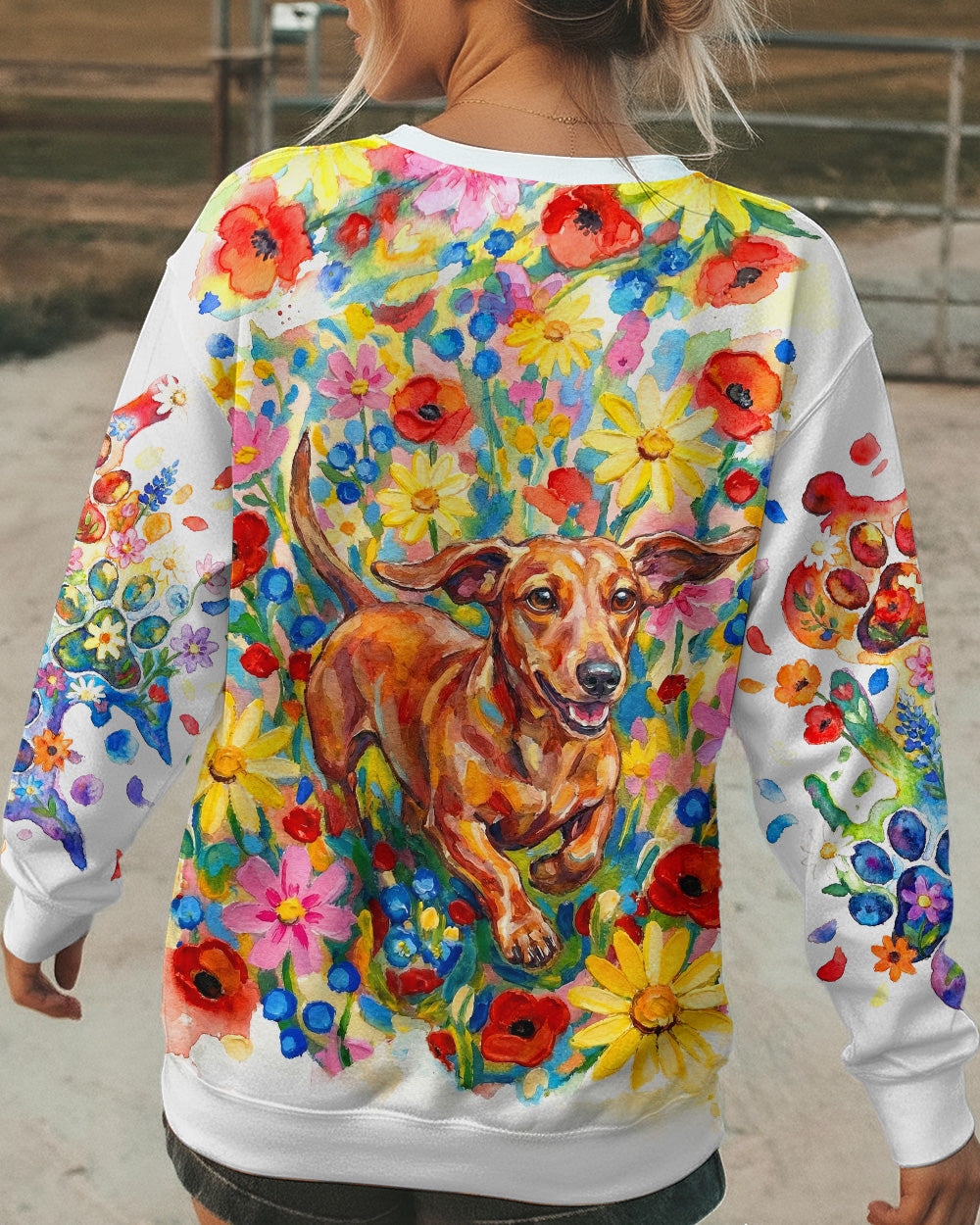 RAINBOW FLORAL DACHSHUND DOG PAW ALL OVER PRINT - RI1103261