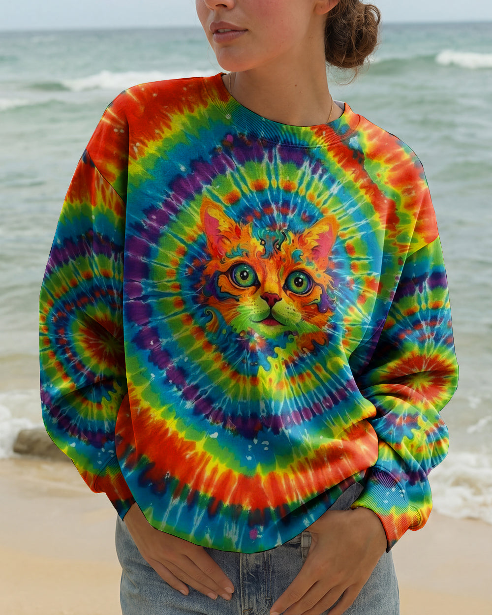 PSYCHEDELIC RAINBOW SWIRL CAT ALL OVER PRINT - YHLT0402261