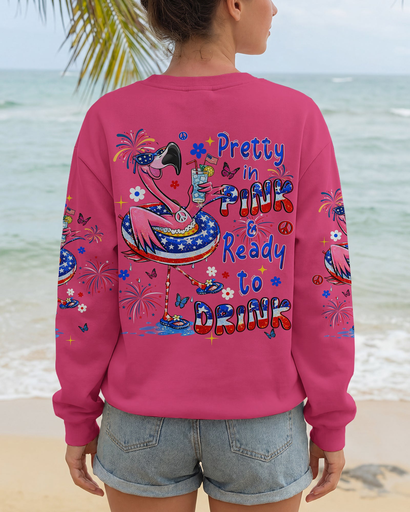 PRETTY IN PINK FLAMINGO RED WHITE & BLUE ALL OVER PRINT  - TLHN2503263