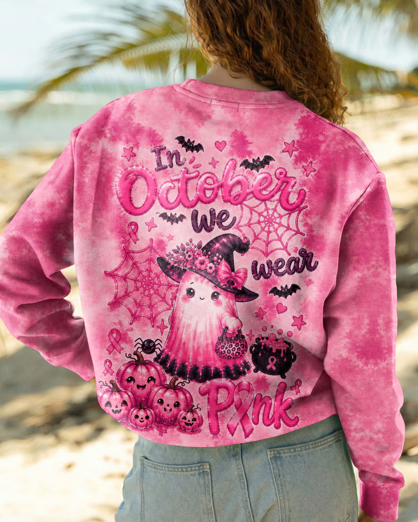IN OCTOBER WE WEAR PINK WITCHY GHOST ALL OVER PRINT - KMTM2107261