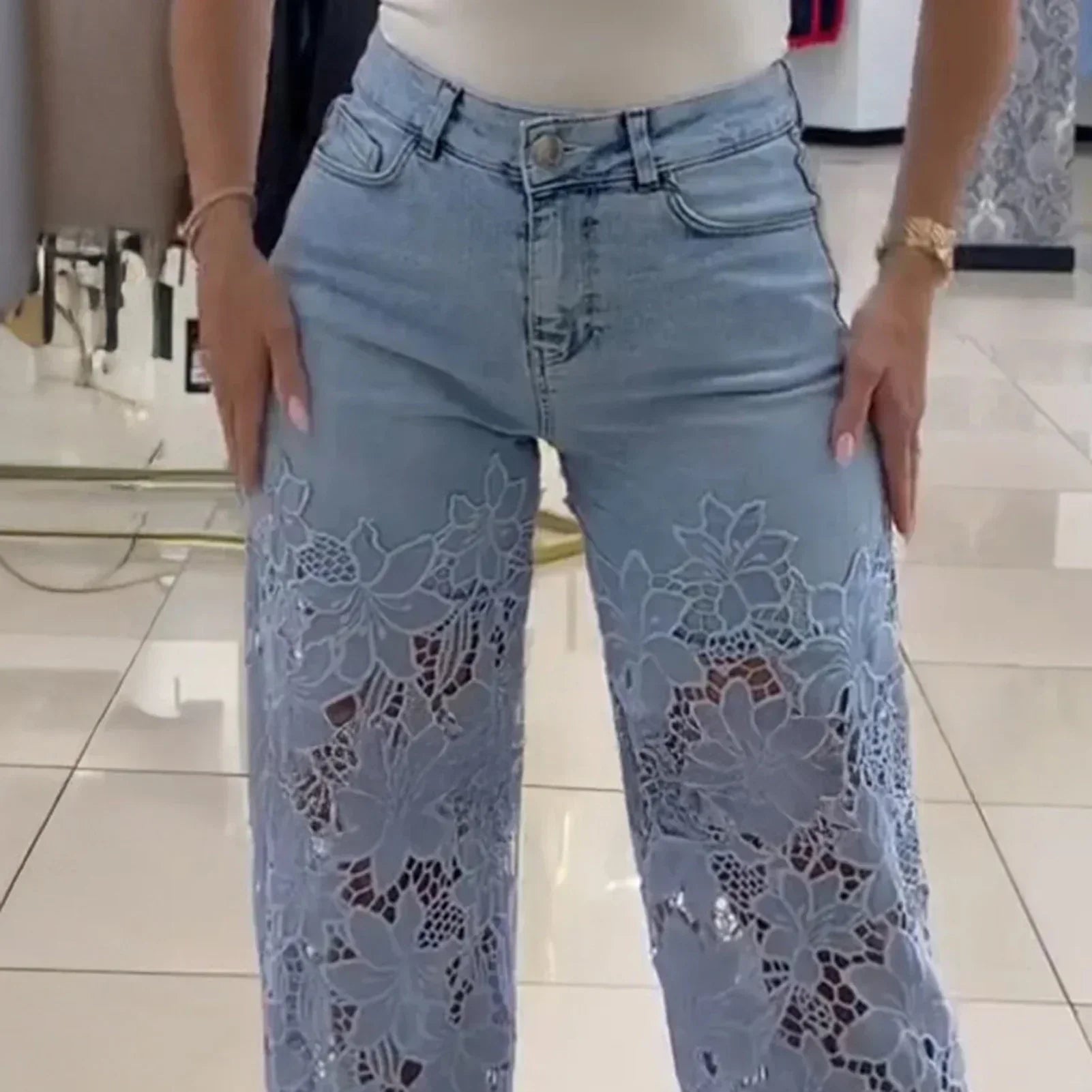 Bethania Jeans in Modern Denim with Handcrafted Floral Lace