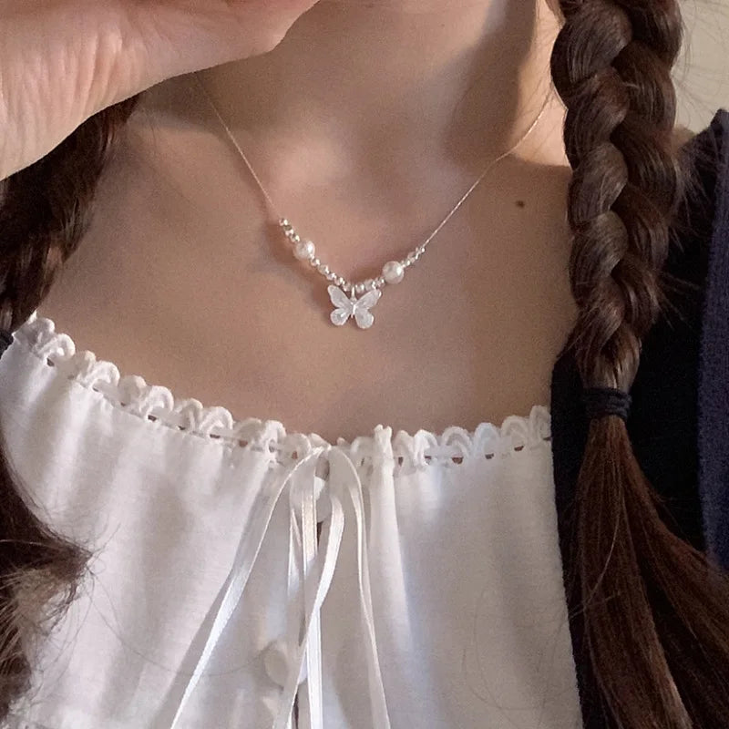 925 Sterling Silver Pearly Butterfly Necklace