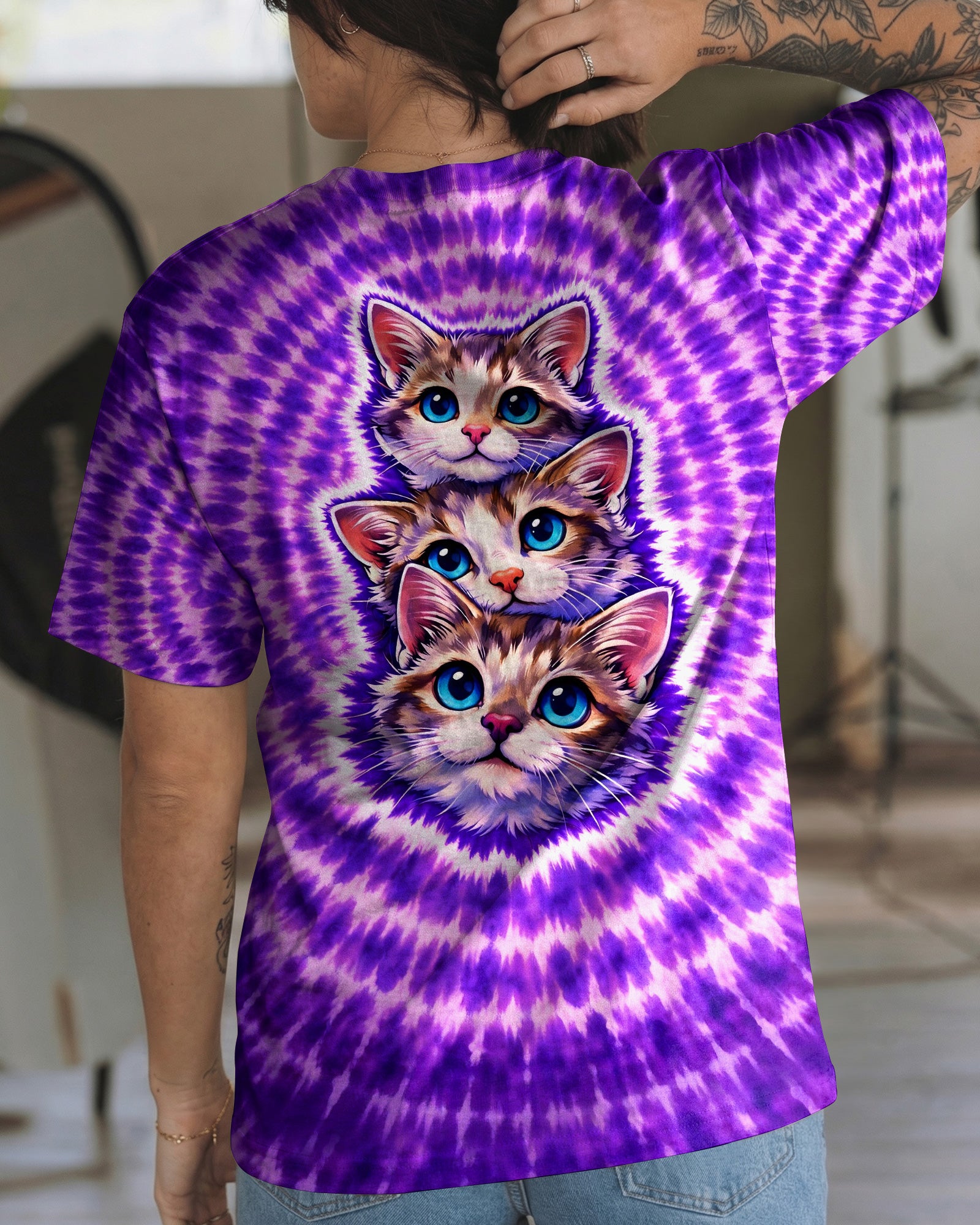 THREE CAT FACE PURPLE SWIRL ALL OVER PRINT - TLHG1703263