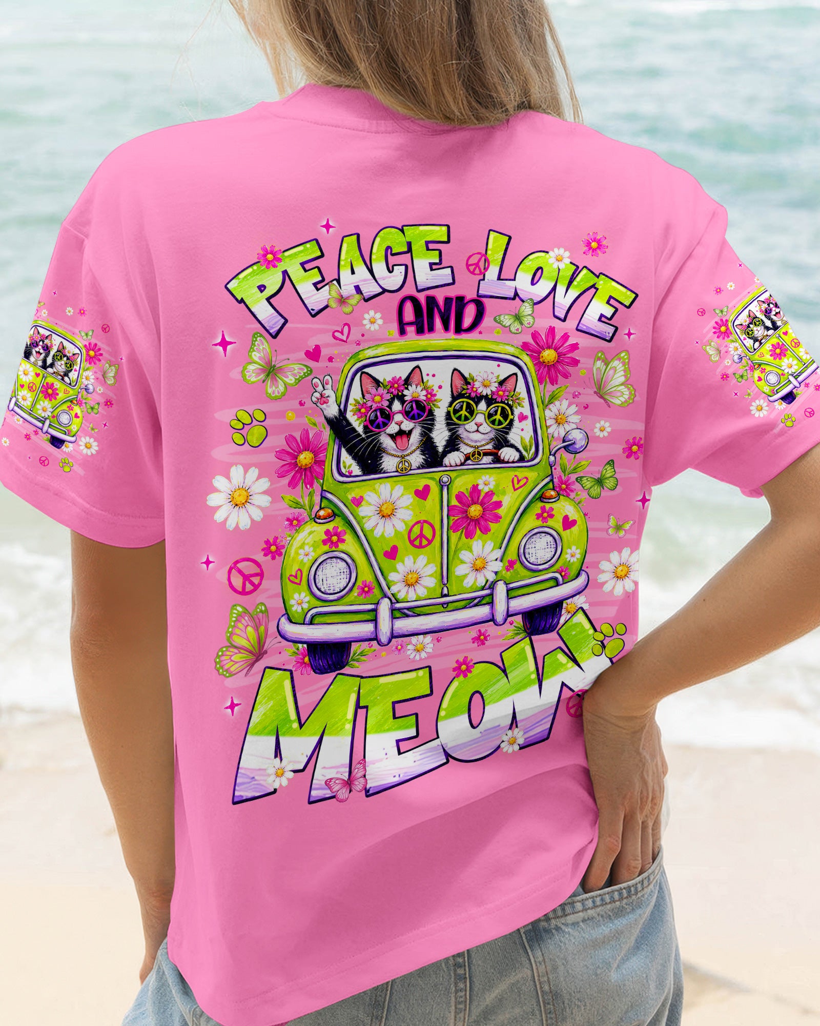 PEACE LOVE AND MEOW CAT HIPPIE CAR ALL OVER PRINT - TLNT0807263
