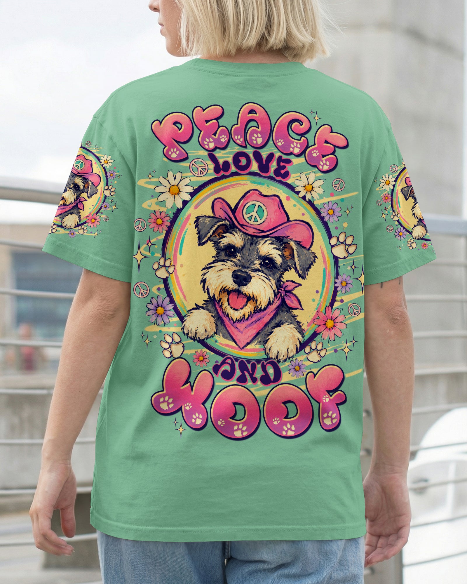 PEACE LOVE AND WOOF SCHNAUZER DOG ALL OVER PRINT - TLTW1507261