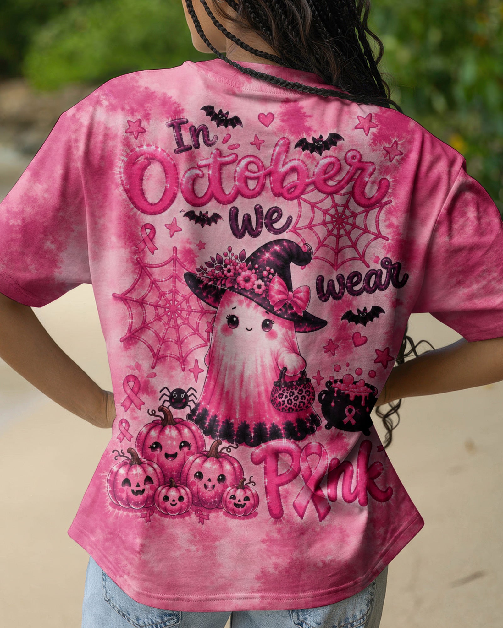 IN OCTOBER WE WEAR PINK WITCHY GHOST ALL OVER PRINT - KMTM2107261