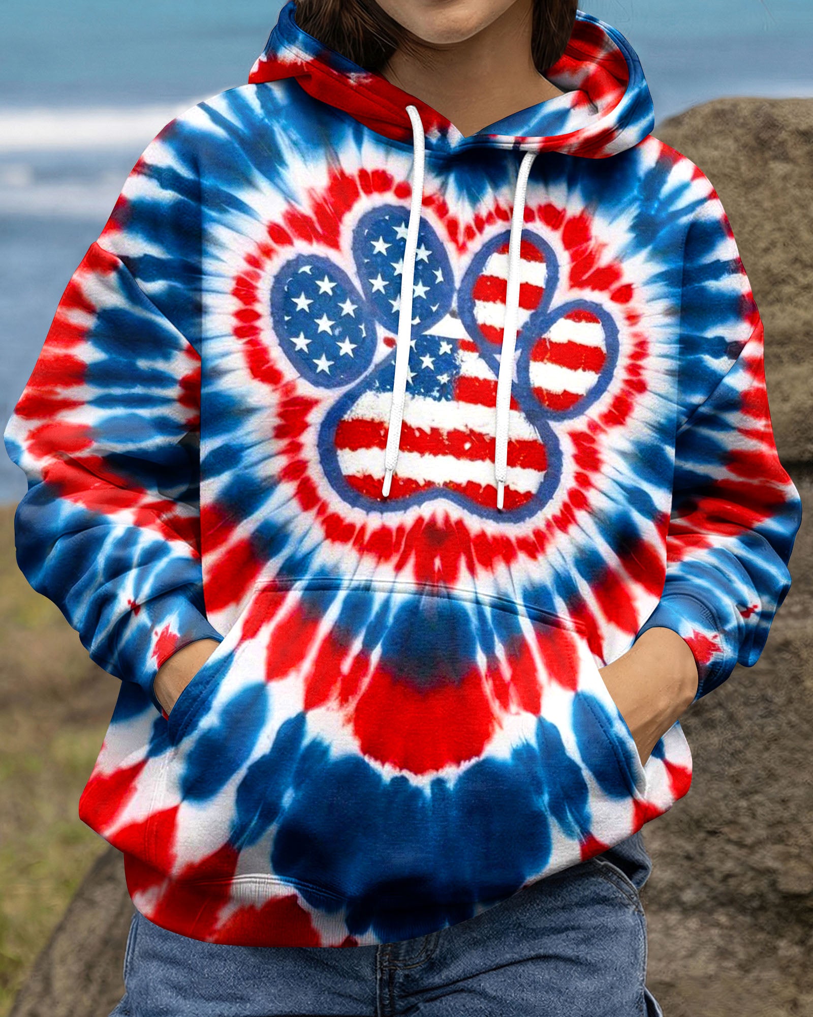 PAW PRINT RED WHITE & BLUE HEART SWIRL ALL OVER PRINT - TLNO1803262